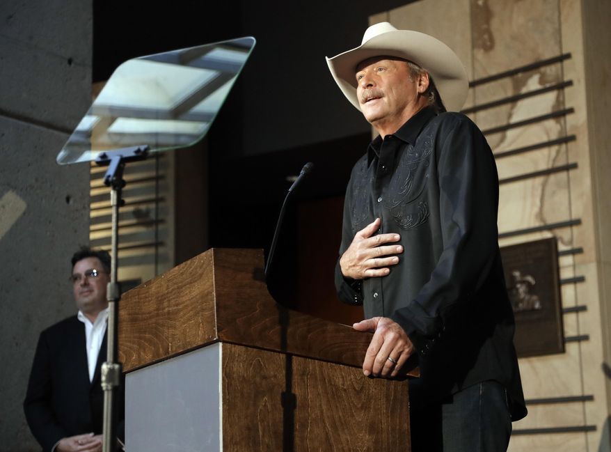 Singer and songwriter Alan Jackson speaks after it was announced Wednesday, April 5, 2017, in Nashville, Tenn., that he is one of the 2017 inductees into the Country Music Hall of Fame along with songwriter Don Schlitz and the late singer and songwriter Jerry Reed. (AP Photo/Mark Humphrey)