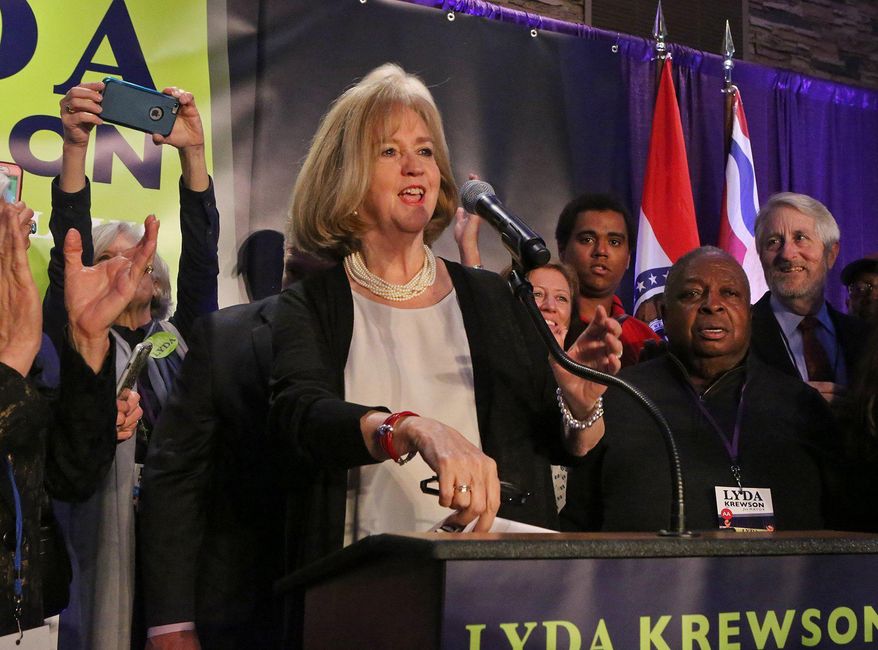 Newly elected mayor of St. Louis, Lyda Krewson, speaks at the Norman K. Probstein Golf Course Tuesday, April 4, 2017, in Forest Park near downtown St. Louis, Mo. Krewson is promising to help the city reduce the sort of violent crime that devastated her own family two decades ago. Democrat Krewson easily won over Republican Andrew Jones and four other candidates in the general election Tuesday. ( J.B. Forbes/St. Louis Post-Dispatch via AP)