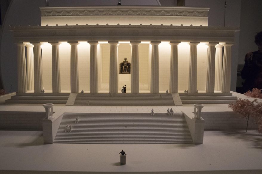 The Lincoln Memorial is depicted in the Gulliver's Gate exhibit, Wednesday, April 5, 2017, in New York. The indoor 49,000-square-foot diorama includes scale models of structures and landscapes from the Brooklyn Bridge and the Eiffel Tower to the pyramids of Egypt and China's Forbidden City, along with the Taj Mahal, Mecca, Niagara Falls and Rio de Janeiro's Christ the Redeemer statue. (AP Photo/Mary Altaffer)