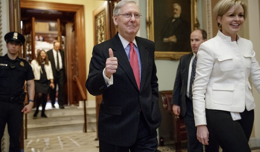 Senate Majority Leader Mitch McConnell of Ky. signals a thumbs-up as he leaves the Senate chamber on Capitol Hill in Washington, Thursday, April 6, 2017, after he led the GOP majority to change Senate rules and lower the vote threshold for Supreme Court nominees from 60 votes to a simple majority in order to advance Neil Gorsuch to a confirmation vote. (AP Photo/J. Scott Applewhite)