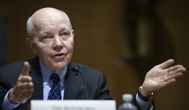 Then-IRS Commissioner John Koskinen testifies on Capitol Hill in Washington, Thursday, April 6, 2017, before the Senate Finance Committee. (AP Photo/Cliff Owen) ** FILE **