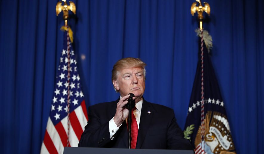 President Donald Trump speaks at Mar-a-Lago in Palm Beach, Fla., Thursday, April 6, 2017, after the U.S. fired a barrage of cruise missiles into Syria Thursday night in retaliation for this week&#39;s gruesome chemical weapons attack against civilians. (AP Photo/Alex Brandon)