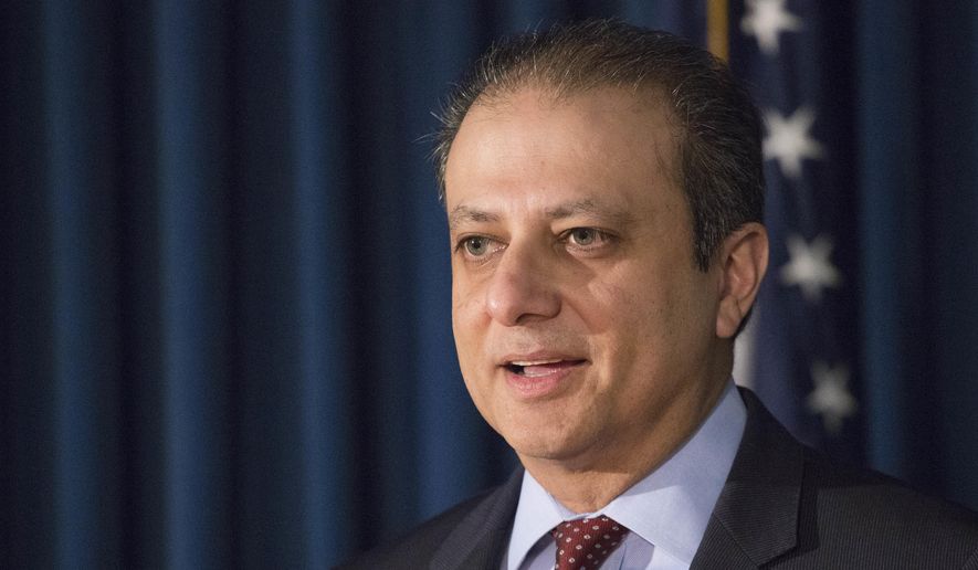 In this Dec. 21, 2016 file photo, United States District Attorney Preet Bharara announces charges in New York, against Navnoor Kang. (AP Photo/Mark Lennihan, File) **FILE**