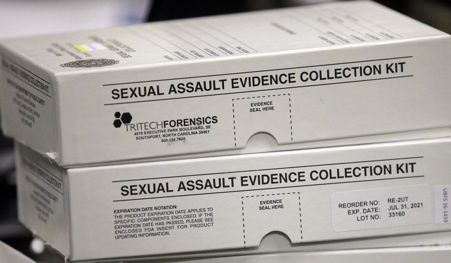 This Feb. 8, 2017, photo, sexual assault evidence collection kit are shown during committee meeting at the Utah State Capitol, in Salt Lake City. Utah crime lab officials are feeling optimistic as they work to speed up the time it takes to process sexual assault evidence kits, after lawmakers approved a measure last month that sends more than $1 million to go toward this effort. (AP Photo/Rick Bowmer)