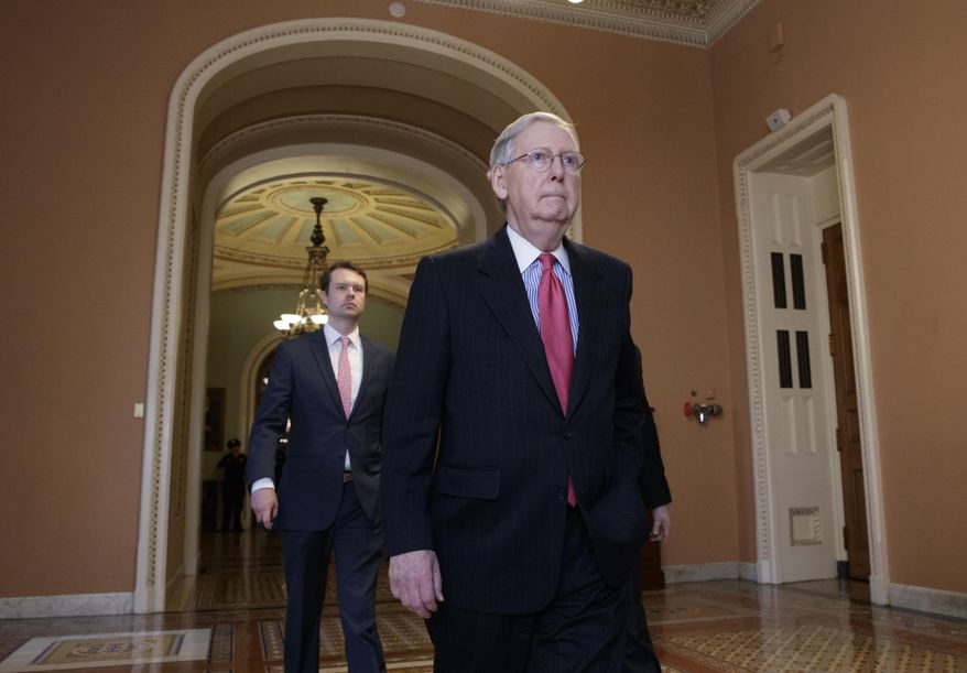 Senate Majority Leader Mitch McConnell of Ky. walks to his office on Capitol Hill in Washington, Thursday, April 6, 2017, as he is expected to change Senate rules to guarantee confirmation of Supreme Court nominee Neil Gorsuch. Republicans are poised to lower the threshold for a vote on Supreme Court nominees from 60 votes to a simple majority, eliminating the ability of Democrats to keep Gorsuch off the high court. (AP Photo/J. Scott Applewhite)