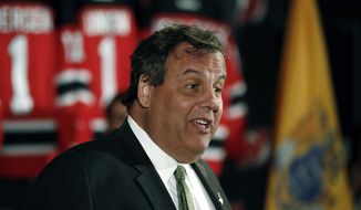 New Jersey Gov. Chris Christie speaks to schoolchildren about drug addiction, Friday, April 7, 2017, in Newark, N.J. Christie teamed up with the New Jersey Devils to deliver the message to the students during a question-and-answer session at Prudential Center. (AP Photo/Julio Cortez) ** FILE **