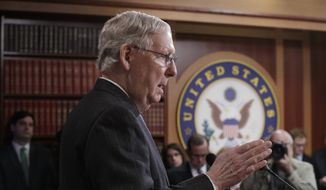 Senate Majority Leader Mitch McConnell, R-Ky., talks to reporters before the vote to confirm President Donald Trump&#39;s Supreme Court nominee Neil Gorsuch, on Capitol Hill in Washington, Friday, April 7, 2017. The Republican majority changed Senate rules to lower the vote threshold for Supreme Court nominees from 60 votes to a simple majority to counter Democratic resistance. McConnell also supported Trump&#39;s airstrike on Syria. (AP Photo/J. Scott Applewhite)