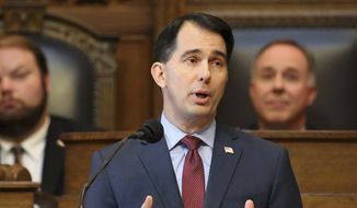 Wisconsin Gov. Scott Walker delivers his state budget address at the state Capitol in Madison, in this Feb. 8, 2017, file photo. (John Hart /Wisconsin State Journal via AP, File)