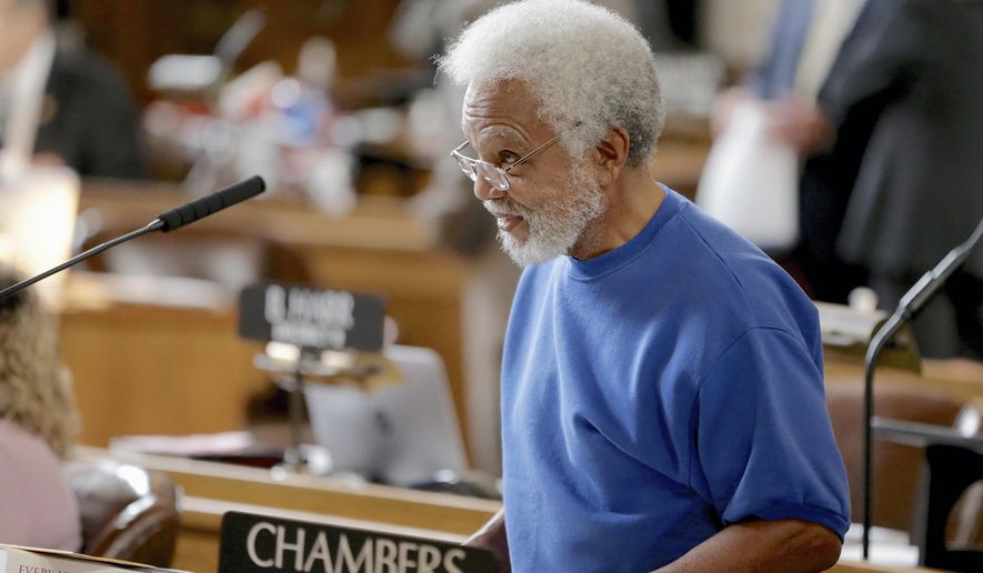 In this Jan. 25, 2017, photo, State Sen. Ernie Chambers of Omaha, works in the Legislative Chamber in Lincoln, Neb. The Legislature&#39;s Executive Board has decided to dismiss a residency challenge against the state&#39;s longest-serving state senator by John Sciara, a political opponent who challenged and lost to Chambers in the November election. (AP Photo/Nati Harnik)
