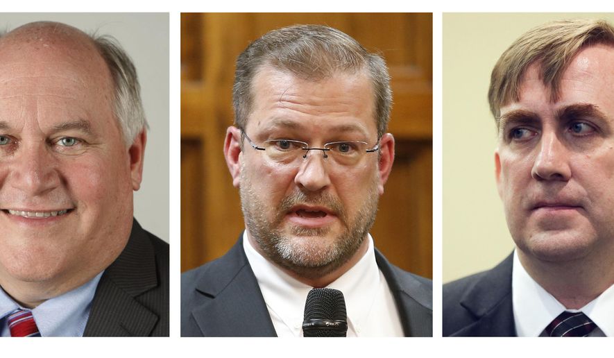 The combination of photos shows the candidates running in the April 11, 2017 special general election in Kansas&#39; 4th Congressional District to replace former GOP Rep. Mike Pompeo, who was appointed director of the Central Intelligence Agency. They are from left: Republican Ron Estes, a former state treasurer; Democrat James Thompson, a civil rights attorney; and Libertarian Chris Rockhold, a flight instructor. (The Wichita Eagle via AP)