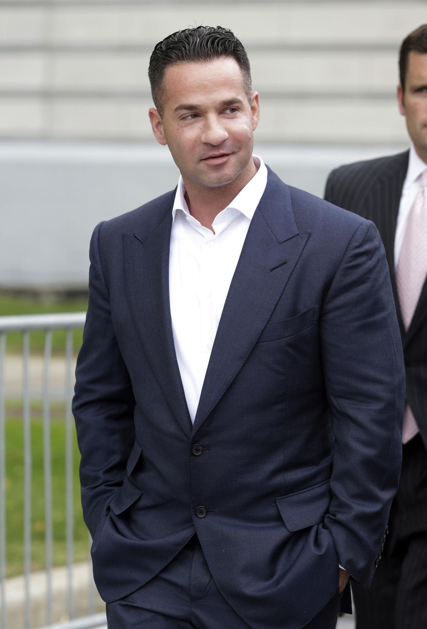 FILE- In this Sept. 24, 2014 file photo, Mike "The Situation" Sorrentino leaves the MLK Jr. Federal Courthouse in Newark, N.J., after a court appearance. After previously pleading not guilty to charges that they filed bogus tax returns on nearly $9 million and claimed millions in personal expenses as business expenses, "Jersey Shore" reality TV show star Michael "The Situation" Sorrentino and his brother have had additional tax fraud charges filed against them on Friday, April 7, 2017. (AP Photo/Julio Cortez, File)