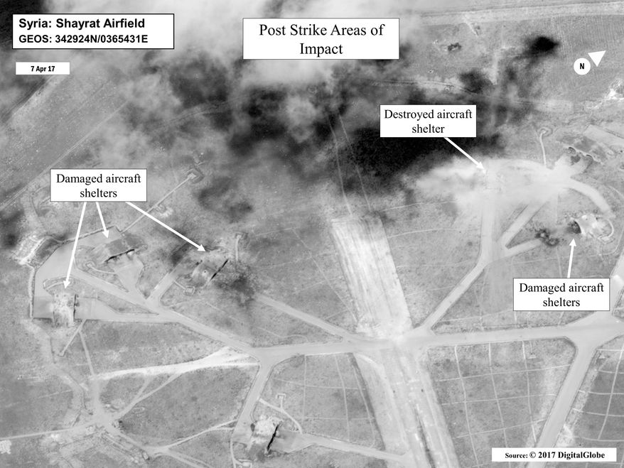 This satellite image released by the U.S. Department of Defense shows a damage assessment image of Shayrat air base in Syria, following U.S. Tomahawk Land Attack Missile strikes on Friday, April 7, 2017 from the USS Ross (DDG 71) and USS Porter (DDG 78), Arleigh Burke-class guided-missile destroyers. The United States blasted the air base with a barrage of cruise missiles on Friday, April 7, 2017 in fiery retaliation for this week's gruesome chemical weapons attack against civilians. (DigitalGlobe/U.S. Department of Defense via AP)