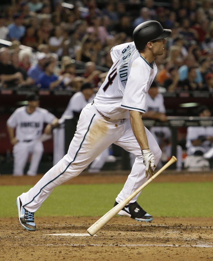 Arizona Diamondbacks first baseman Paul Goldschmidt watches his two-run double in the fifth inning of a baseball game against the Cleveland Indians, Friday, April 7, 2017, in Phoenix. (AP Photo/Rick Scuteri)