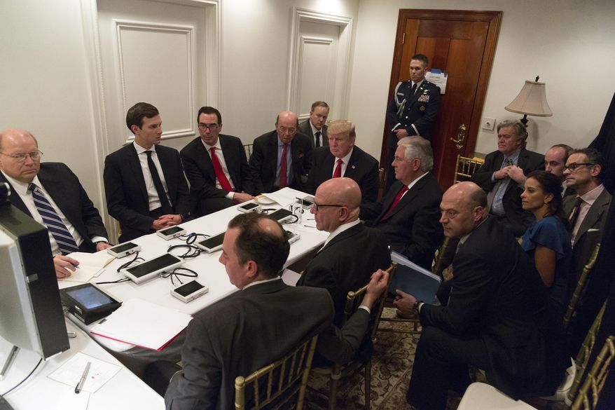 President Trump received a briefing on the Syria military strike from his national security team, including a video teleconference with Secretary of Defense James Mattis and Gen. Joseph F. Dunford, chairman of the Joint Chiefs of Staff, in a secured location at Mar-a-Lago in Palm Beach, Florida. (Associated Press)
