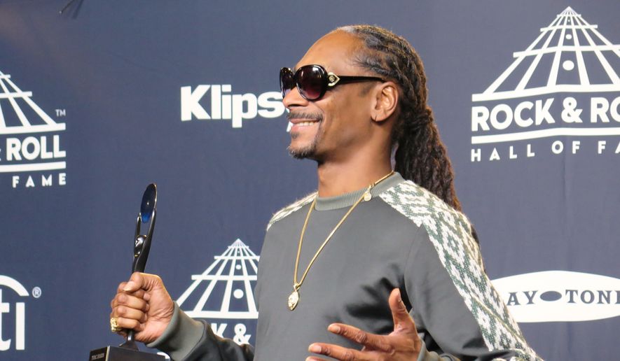 Snoop Dogg speaks in the backstage press room after inducting fellow rapper Tupak Shakur into the Rock &amp; Roll Hall of Fame at a ceremony at the Barclays Center in Brooklyn, New York, April 7, 2017.  (Dawn Marling, Special to The Washington Times)