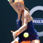 Jelena Ostapenko, from Latvia, returns a shot to Daria Kasatkina, from Russia, during their finals match at the Volvo Car Open in Charleston, S.C., Sunday, April 9, 2017. Kasatkina won 6-3, 6-1.(AP Photo/Mic Smith)