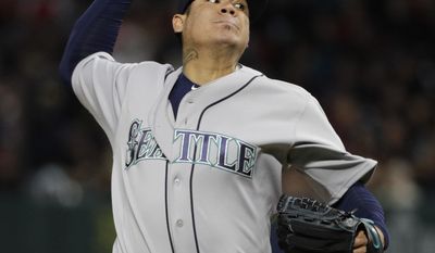 Seattle Mariners starting pitcher Felix Hernandez throws against the Los Angeles Angels during the first inning of a baseball game Saturday, April 8, 2017, in Anaheim, Calif. (AP Photo/Jae C. Hong)