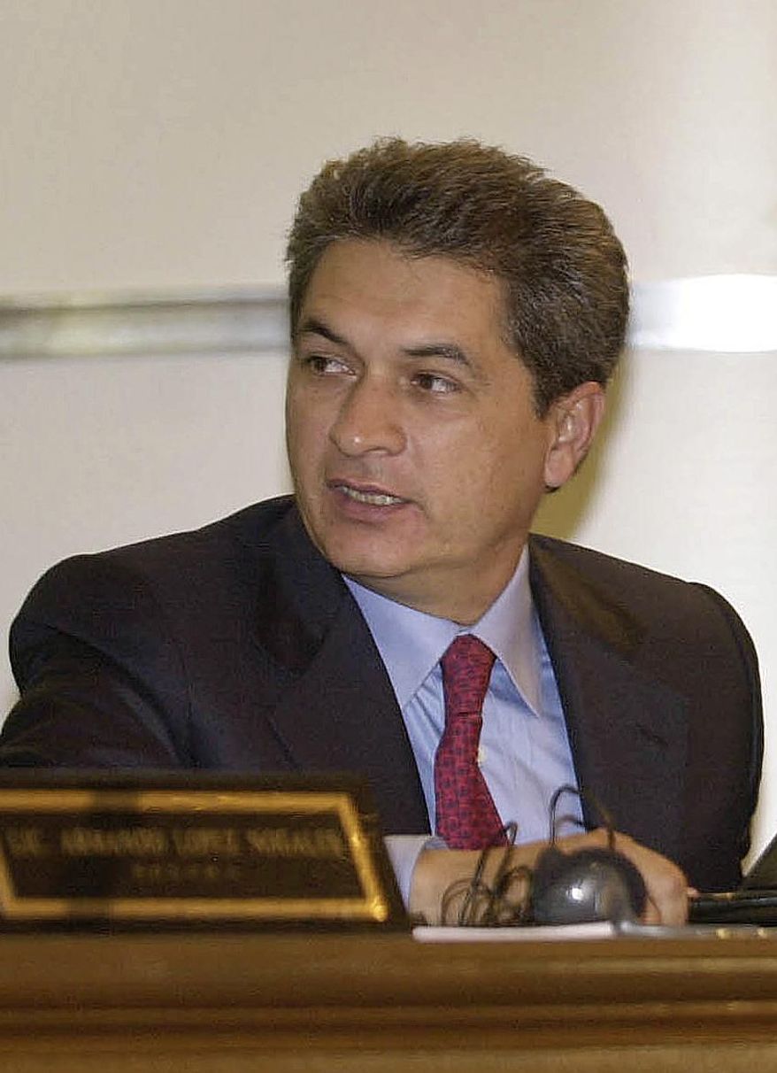 FILE - In this Friday, Aug. 8, 2003 file photo, former Tamaulipas state Governor Tomas Yarrington participates in the XXIth Border Governors Conference in Chihuahua, Mexico. Mexican prosecutors said April 9, 2017, that the ex-governor accused in Mexico of money laundering and organized crime, has been detained in Italy. He is also wanted in the United States for allegedly receiving millions of dollars in bribes from the Gulf cartel during his 1999 to 2004 term. (AP Photo/Jaime Puebla, File)