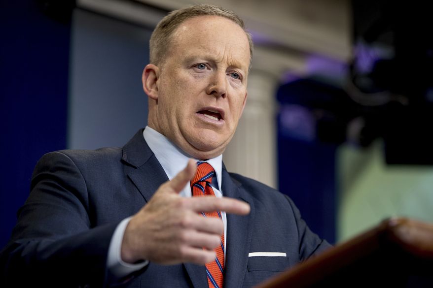 White House press secretary Sean Spicer talks to the media during the daily press briefing at the White House in Washington, Tuesday, April 11, 2017. Spicer discussed Syria, Trump's 2016 tax returns, the Easter Egg Roll and other topics. (AP Photo/Andrew Harnik)