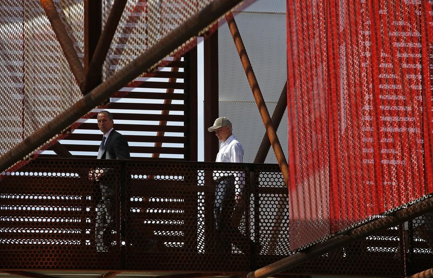 Attorney General Jeff Sessions tours the U.S.-Mexico border with border officials, Tuesday, April 11, 2017, in Nogales, Ariz. Sessions announced making immigration enforcement a key Justice Department priority, saying he will speed up deportations of immigrants in the country illegally who were convicted of federal crimes. (AP Photo/Ross D. Franklin)