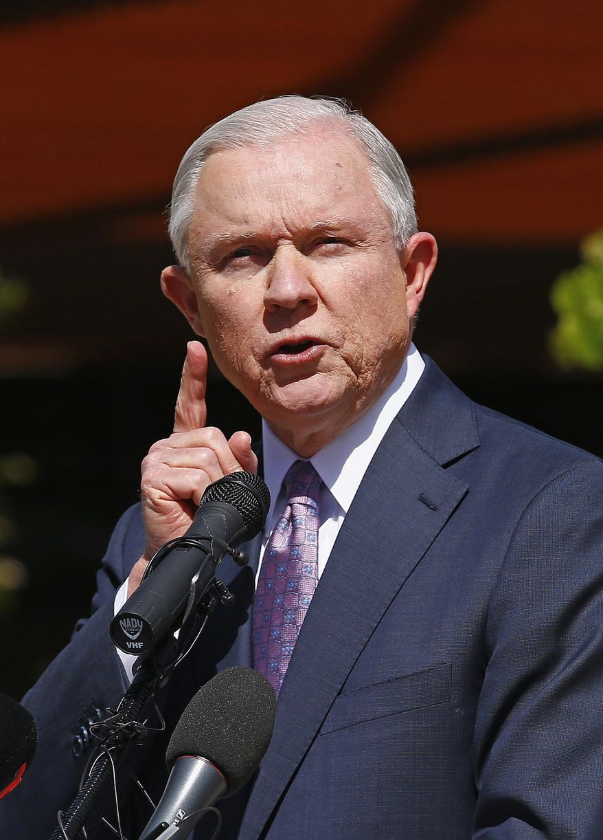 Attorney General Jeff Sessions speaks at a news conference after touring the U.S.-Mexico border with border officials, Tuesday, April 11, 2017, in Nogales, Ariz. Sessions announced making immigration enforcement a key Justice Department priority, saying he will speed up deportations of immigrants in the country illegally who were convicted of federal crimes. (AP Photo/Ross D. Franklin)