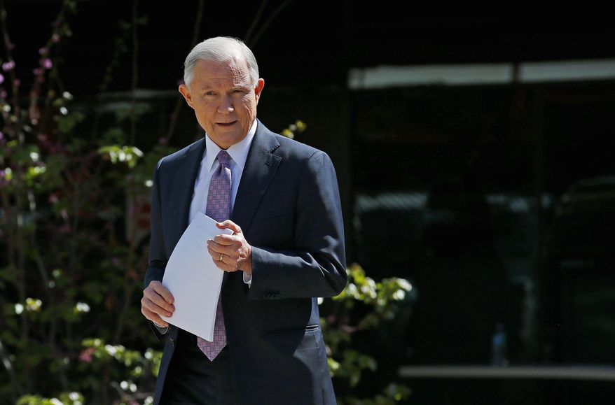 Attorney General Jeff Sessions arrives for a news conference after touring the U.S.-Mexico border with border officials, Tuesday, April 11, 2017, in Nogales, Ariz. Sessions announced making immigration enforcement a key Justice Department priority, saying he will speed up deportations of immigrants in the country illegally who were convicted of federal crimes. (AP Photo/Ross D. Franklin)