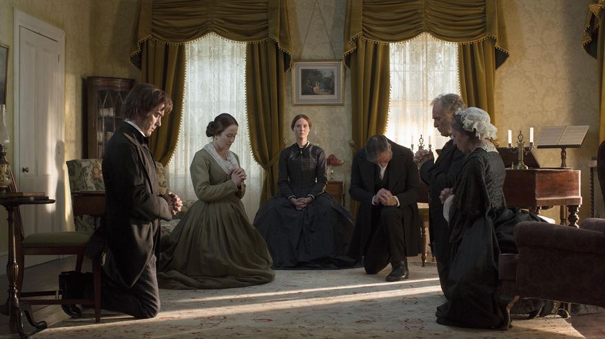 This image released by Music Box Films shows Duncan Duff, from left, Jennifer Ehle, Cynthia Nixon, Miles Richardson, Keith Carradine and Joanna Bacon in a scene from, "A Quiet Passion." (Johan Voets/Music Box Films via AP)
