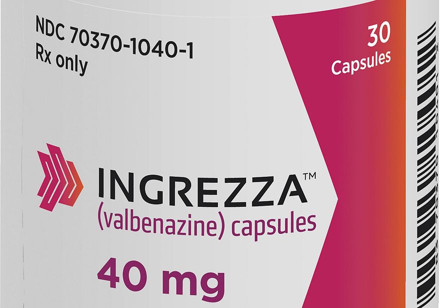 This photo provided by Neurocrine Biosciences, Inc. shows the label on a bottle of the drug Ingrezza. On Tuesday, April 11, 2017, the Food and Drug Administration approved Ingrezza, the first drug for treating a neurological syndrome that causes uncontrollable body movements that can also interfere with speech, swallowing and breathing. (Neurocrine Biosciences, Inc. via AP)