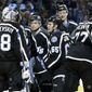 Tampa Bay Lightning goalie Andrei Vasilevskiy (88) celebrates with teammates after the team defeated the Buffalo Sabres 4-2 during an NHL hockey game, Sunday, April 9, 2017, in Tampa, Fla. (AP Photo/Chris O&#x27;Meara)
