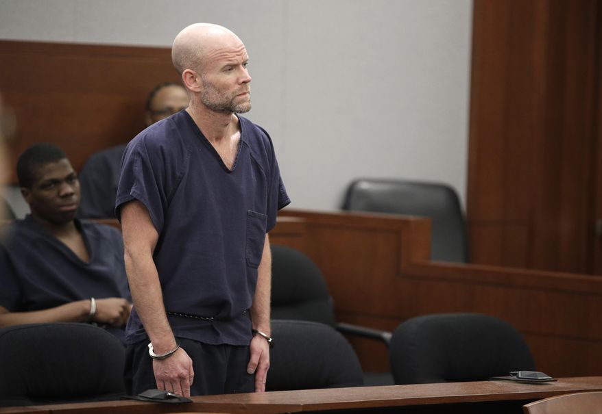 Nicolai Howard Mork appears in court Tuesday, April 11, 2017, in Las Vegas. Mork plead not guilty Tuesday to terrorism and possession of weapons of mass destruction, explosives and firearms charges following his indictment last week in Nevada state court. (AP Photo/John Locher)