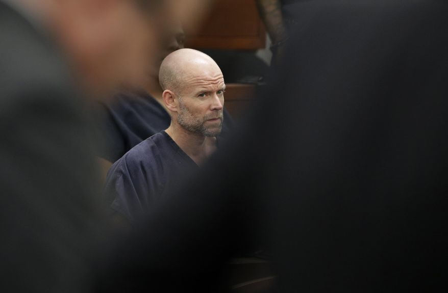Nicolai Howard Mork appears in court Tuesday, April 11, 2017, in Las Vegas. Mork plead not guilty Tuesday to terrorism and possession of weapons of mass destruction, explosives and firearms charges following his indictment last week in Nevada state court. (AP Photo/John Locher)