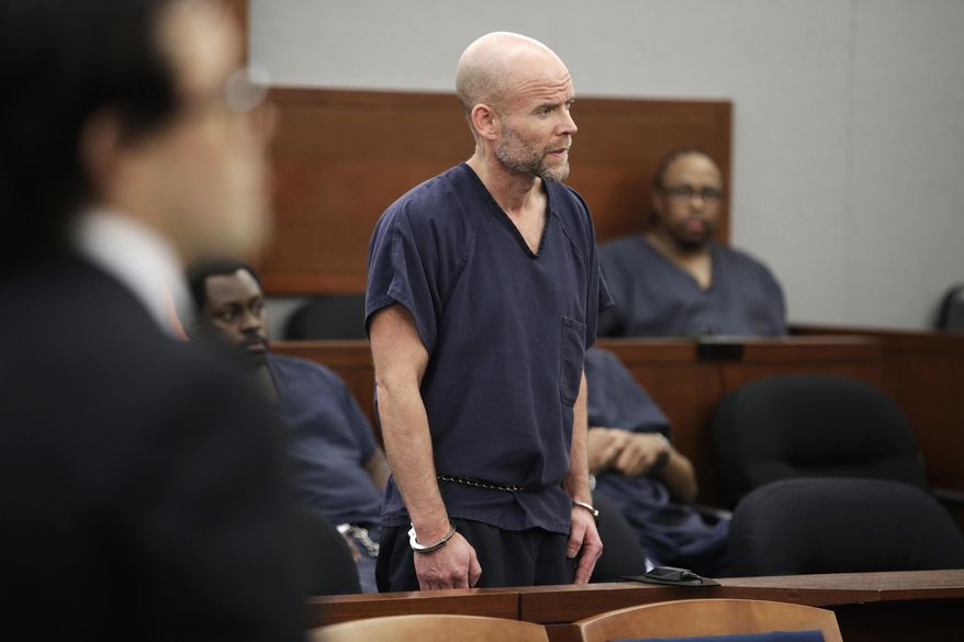 Nicolai Howard Mork appears in court Tuesday, April 11, 2017, in Las Vegas. Mork plead not guilty Tuesday to terrorism and possession of weapons of mass destruction, explosives and firearms charges following his indictment last week in Nevada state court. (AP Photo/John Locher)