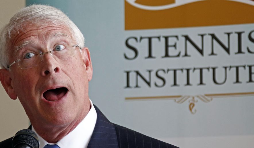 U.S. Sen. Roger Wicker, R-Miss., speaks in support of President Trump's actions against Syria, Tuesday, April 11, 2017, during an address at a lunch sponsored by the Stennis Institute-Capitol Press Corps, in Jackson, Miss. (AP Photo/Rogelio V. Solis)