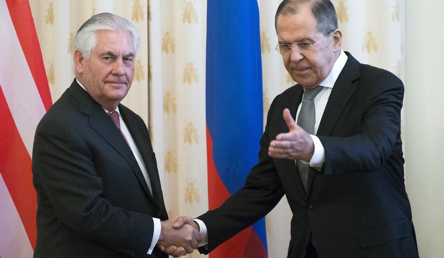 US Secretary of State Rex Tillerson and Russian Foreign Minister Sergey Lavrov, shakes hands prior to their talks in Moscow, Russia, Wednesday, April 12, 2017. Tillerson&#39;s Moscow talks hinge on new US leverage over Syria. (AP Photo/Alexander Zemlianichenko)