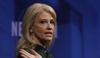 Counselor to President Donald Trump Kellyanne Conway speaks at the Newseum in Washington, Wednesday, April 12, 2017, during &quot;The President and the Press: The First Amendment in the First 100 Days&quot; forum. (AP Photo/Carolyn Kaster) ** FILE **