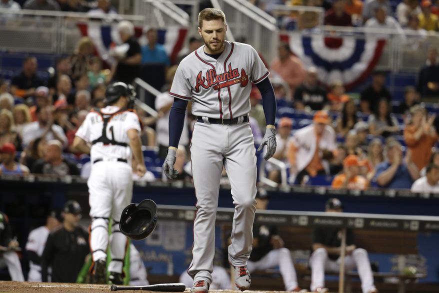 Atlanta Braves' Freddie Freeman tosses his helmet after striking out during the first inning of a baseball game against the Atlanta Braves, Wednesday, April 12, 2017, in Miami. (AP Photo/Lynne Sladky)