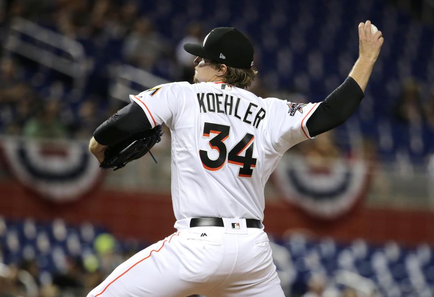 Miami Marlins starting pitcher Tom Koehler (34) throws during the first inning of a baseball game against the Atlanta Braves, Wednesday, April 12, 2017, in Miami. (AP Photo/Lynne Sladky)