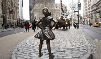 FILE In this March 8, 2017 file photo,  the &amp;quot;Fearless Girl&amp;quot; statue faces Wall Street&#39;s charging bull statue in New York.  The sculptor of Wall Street’s “Charging Bull” says New York City is violating his legal rights by forcing his bronze beast to face off against the “Fearless Girl.” Artist Arturo Di Modica said Wednesday, April 12,  that the new neighboring statue changes his bull into something negative. (AP Photo/Mark Lennihan)