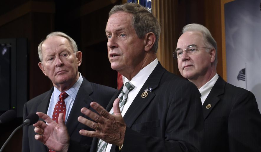 FILE- In this July 27, 2015, file photo, Rep. Joe Wilson, R-S.C., center, speaks during a news conference on Capitol Hill in Washington. The South Carolina representative who shouted &amp;quot;You Lie&amp;quot; at President Barack Obama during a joint session of Congress was on the receiving end of the same words in his district this week. Wilson heard plenty of boos and chants of &amp;quot;You Lie&amp;quot; during a town hall Monday, April 10, 2017, in Graniteville, S.C. (AP Photo/Susan Walsh, File)