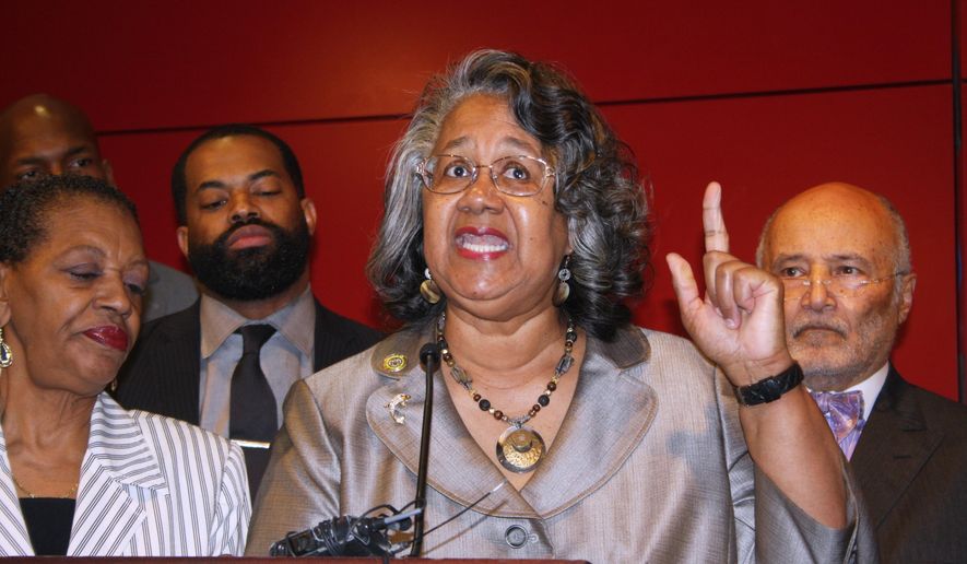 Delegate Cheryl Glenn, a Baltimore Democrat who chairs the Legislative Black Caucus of Maryland, calls for a special session to approve additional licenses to grow medical marijuana to create diversity ownership of businesses in Maryland's developing industry during a Wednesday, April 12, 2017 news conference in Baltimore. State Sen. Joan Carter Conway, D-Baltimore, is standing next to Glenn at left. Attorney Billy Murphy is standing behind Glenn at right, and Del. Nick Mosby, D-Baltimore, is standing behind Glenn at left. (AP Photo/Brian Witte)