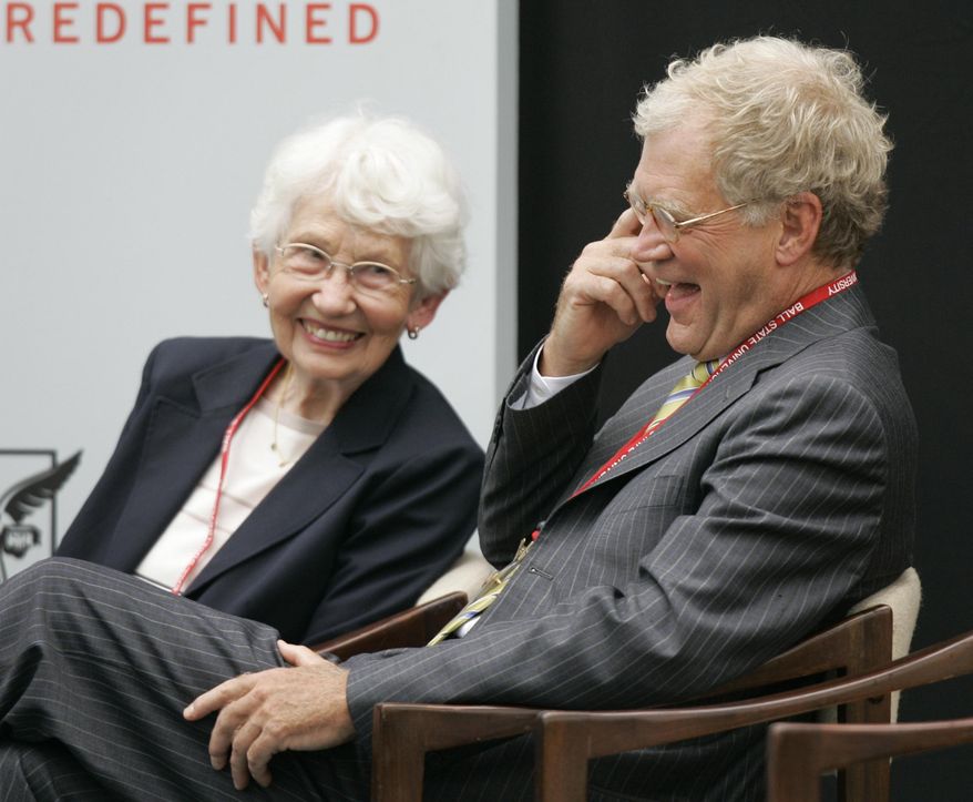 FILE - In this Sept. 7, 2007, file photo, David Letterman, right, the host of "The Late Show with David Letterman" on CBS, and his mother Dorothy Mengering share a laugh during the dedication of the $21 million David Letterman Communication and Media Building on the campus in Muncie, Ind. Mengering died Tuesday, April 11, 2017, his publicist Tom Keaney confirmed. She was 95. (AP Photo/Michael Conroy, File)