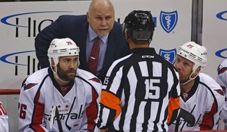 FILE - In this May 4, 2016, file photo, Washington Capitals head coach Barry Trotz talks to referee Jean Hebert, (15), during the first period of Game 4 against the Pittsburgh Penguins in an NHL hockey Stanley Cup Eastern Conference semifinals in Pittsburgh. NHL coaches will have more technology on the bench than ever before as the Stanley Cup playoffs begin. Three iPad Pros will be available for coaches on every bench and officials will also have them to review coach’s challenges, The Associated Press has learned. (AP Photo/Gene J. Puskar, File)