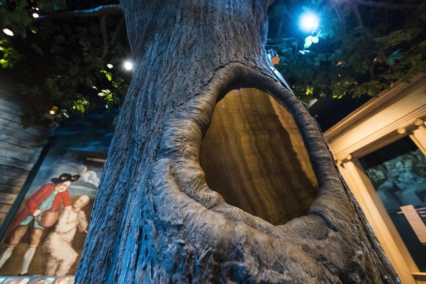 This Tuesday, April 4, 2017, photo shows an actual piece of the Annapolis, Md., Liberty Tree, embedded into an 18-foot-tall tree replica as a touchable element, at the Museum of the American Revolution in Philadelphia. There were once 13 liberty trees, one in each of the original Colonies, where the Sons of Liberty met and plotted the Revolution. The Annapolis tulip poplar was the nation's last surviving Liberty Tree. It was so damaged by storms and decay it had to be cut down in 1999. (AP Photo/Matt Rourke)