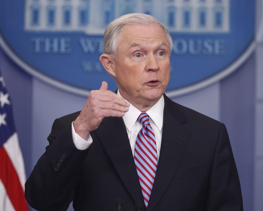 FILE - In this March 27, 2017 file photo, Attorney General Jeff Sessions speaks at the White House in Washington. Defense attorneys say they will step up their challenges to certain forensic practices now that the Justice Department has disbanded an independent commission that was studying how to improve their reliability. (AP Photo/Pablo Martinez Monsivais, File)