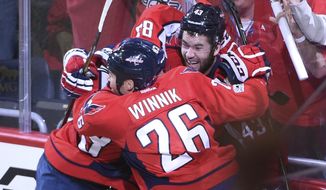 Washington Capitals right wing Tom Wilson (43) celebrates his overtime goal with center Jay Beagle (83) and left wing Daniel Winnik (26) against the Toronto Maple Leafs during Game 1 of an NHL hockey Stanley Cup first-round playoff series in Washington, Thursday, April 13, 2017. The Capitals won 3-2. (AP Photo/Molly Riley)