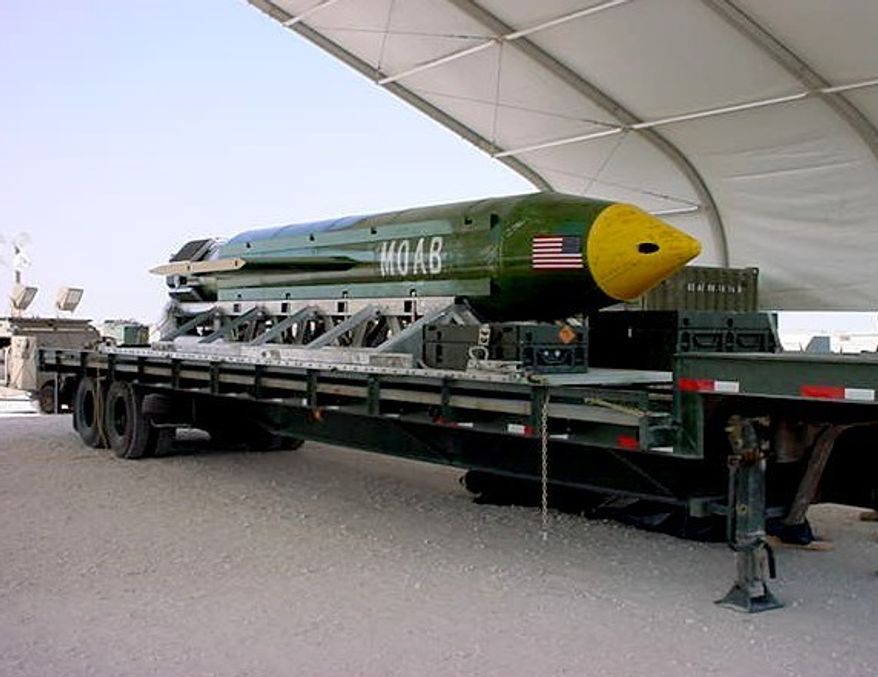 This photo provided by Eglin Air Force Base shows the GBU-43/B Massive Ordnance Air Blast bomb. The Pentagon says U.S. forces in Afghanistan dropped the military&#39;s largest non-nuclear bomb on an Islamic State target in Afghanistan. A Pentagon spokesman said it was the first-ever combat use of the bomb, known as the GBU-43, which he said contains 11 tons of explosives. The Air Force calls it the Massive Ordnance Air Blast bomb. Based on the acronym, it has been nicknamed the &quot;Mother Of All Bombs.&quot; (Eglin Air Force Base via AP)