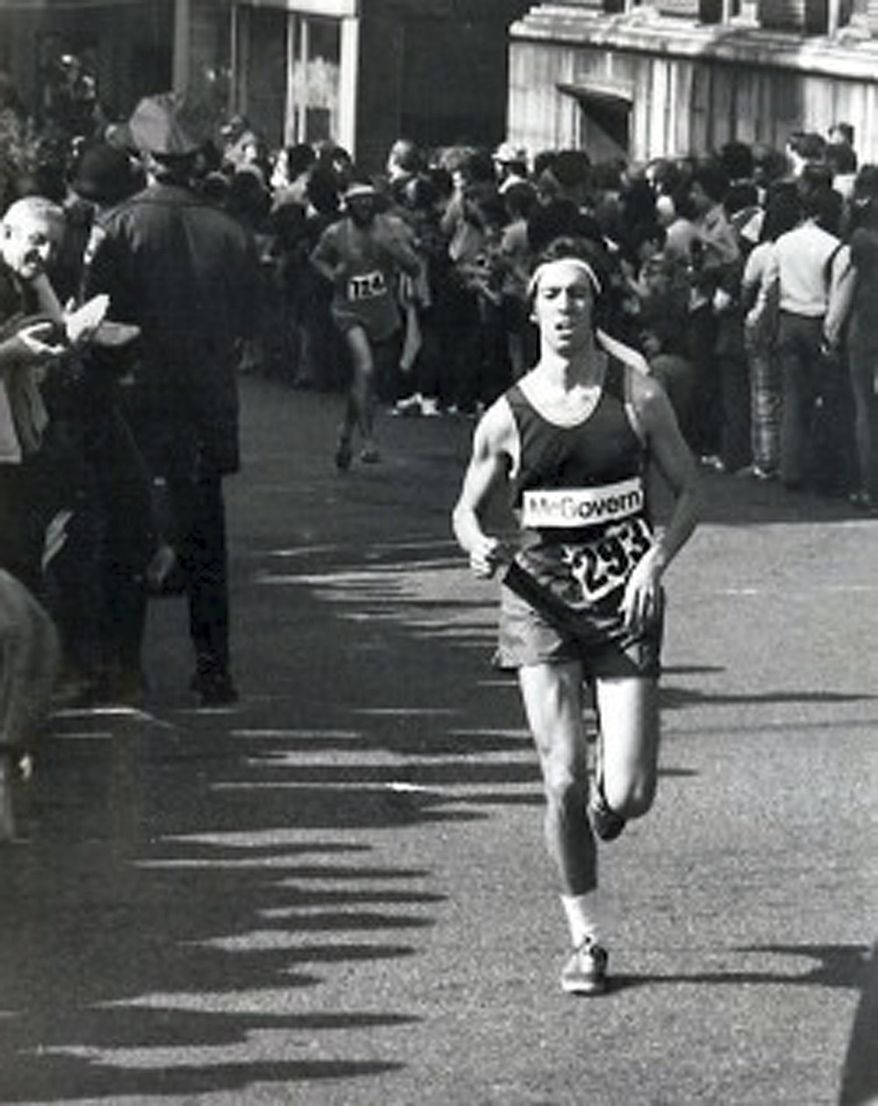 In this April 16, 1973, photo provided by Joyce Heard, Ben Beach, age 23, runs along the Boston Marathon course. Beach, of Bethesda, Md., is looking to be the first person to run the race 50 years in a row on Monday, April 17, 2017. (Joyce Heard via AP)