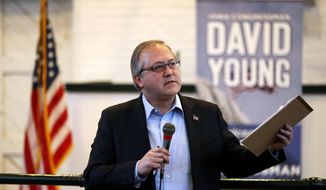 Then-Rep. David Young, R-Iowa, speaks during a town hall meeting, Wednesday, April 12, 2017, in Des Moines, Iowa. (AP Photo/Charlie Neibergall) ** FILE **