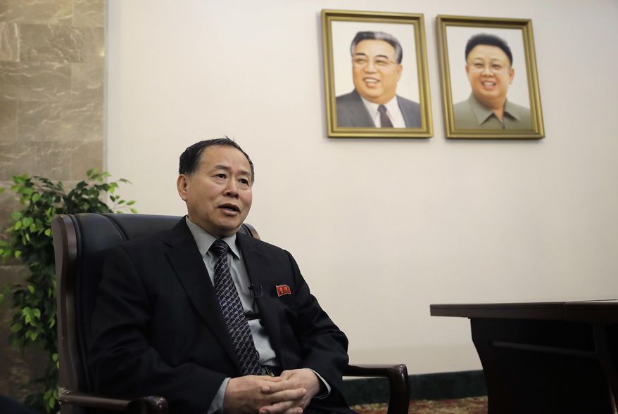Han Song Ryol, North Korea's vice minister of foreign affairs speaks during an interview with The Associated Press on Friday, April 14, 2017, in Pyongyang, North Korea. (AP Photo/Wong Maye-E)