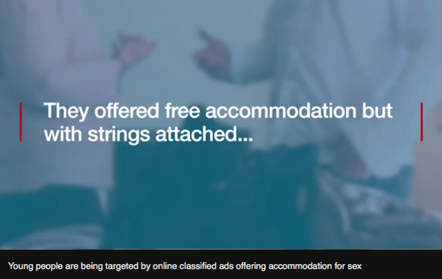 Screen capture from a BBC video about classified advertisements offering housing in exchange for regular sexual encounters.